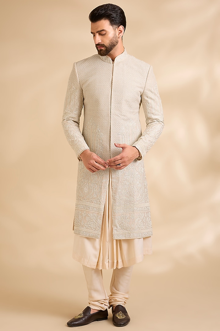 Light Peach Silk Groom Sherwani Set by AMIT ARORA at Pernia's Pop Up Shop