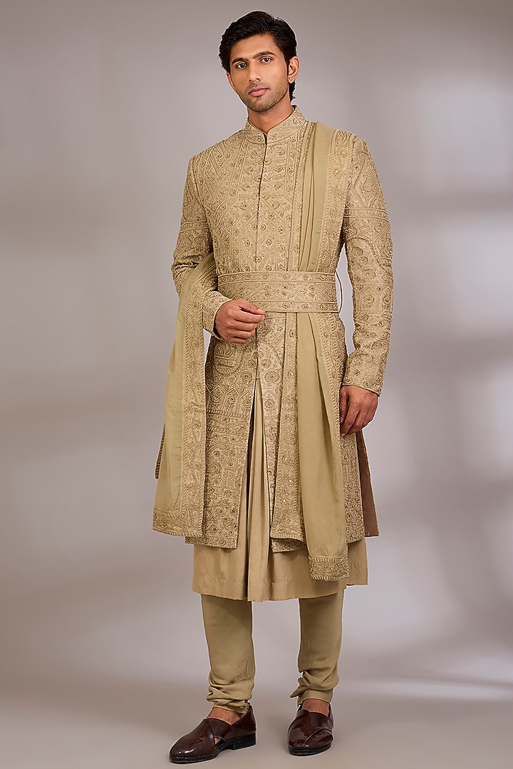 Dark Beige Silk Groom Sherwani Set by AMIT ARORA at Pernia's Pop Up Shop