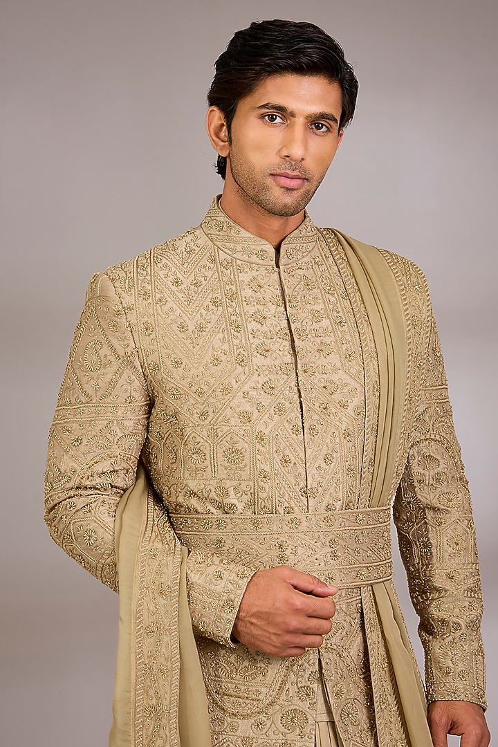 Dark Beige Silk Groom Sherwani Set by AMIT ARORA at Pernia's Pop Up Shop