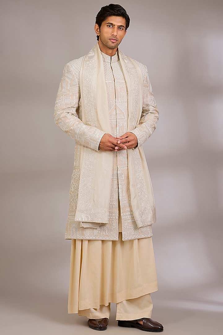 Beige Silk Groom Sherwani Set by AMIT ARORA at Pernia's Pop Up Shop