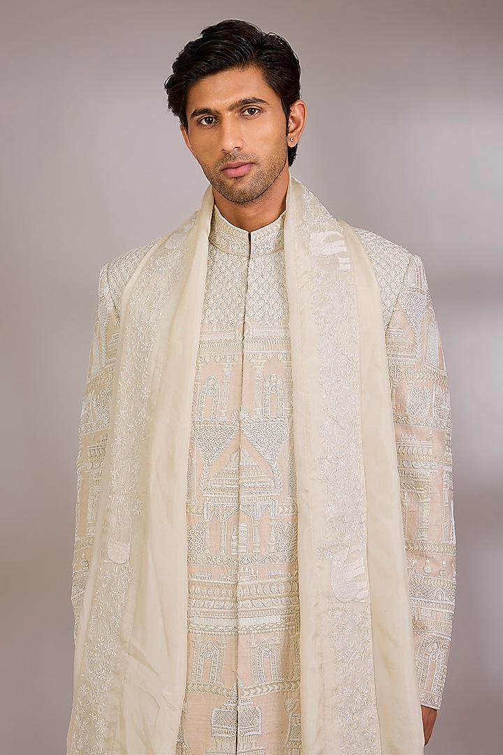 Beige Silk Groom Sherwani Set by AMIT ARORA at Pernia's Pop Up Shop