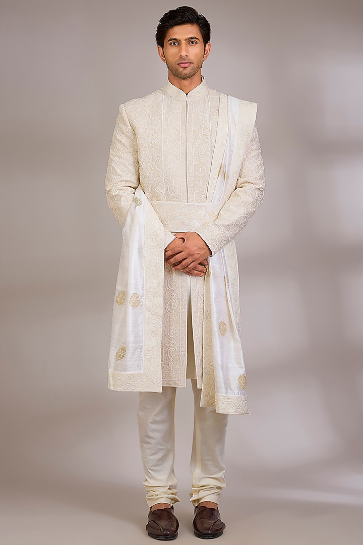 Ivory Silk Groom Sherwani Set by AMIT ARORA at Pernia's Pop Up Shop