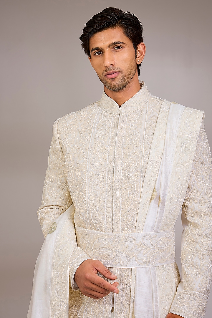 Ivory Silk Groom Sherwani Set by AMIT ARORA at Pernia's Pop Up Shop