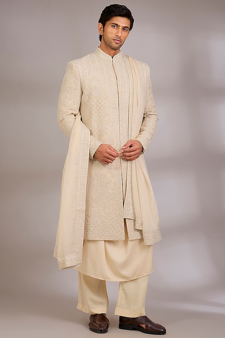Light Gold Silk Groom Sherwani Set by AMIT ARORA at Pernia's Pop Up Shop