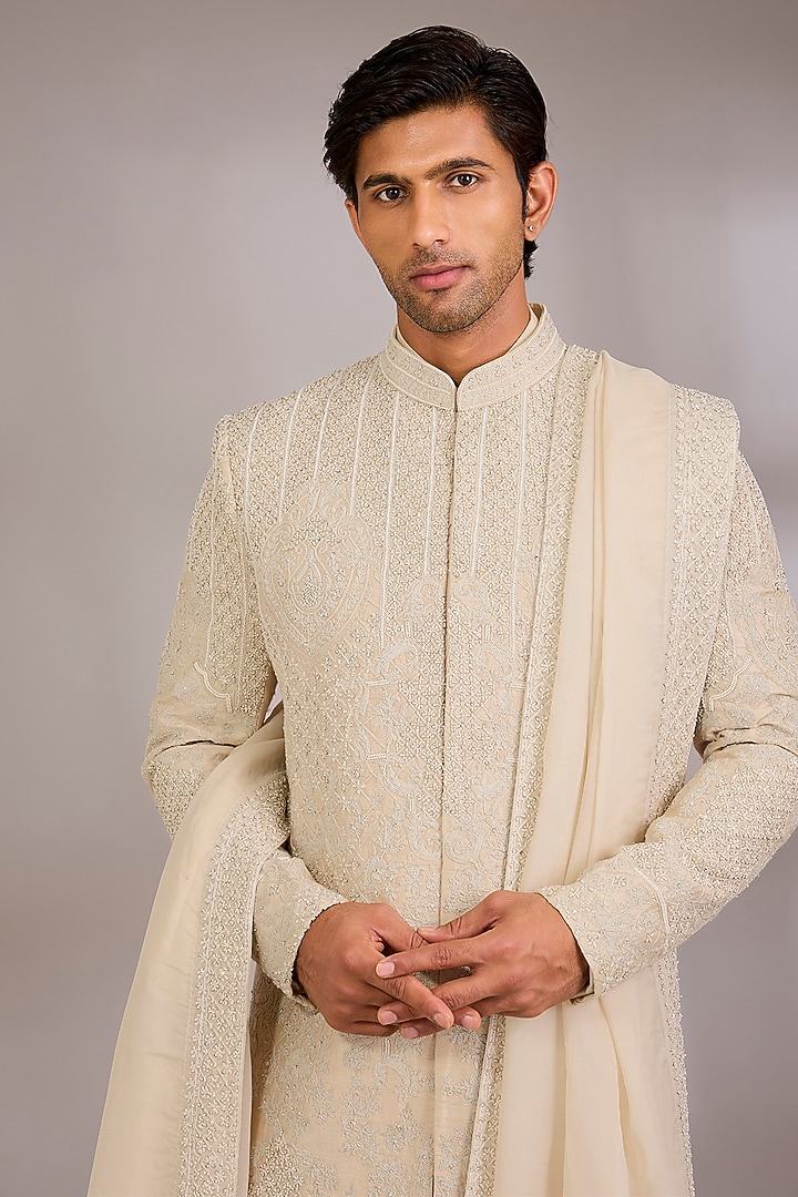 Light Gold Silk Groom Sherwani Set by AMIT ARORA at Pernia's Pop Up Shop