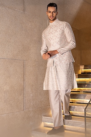 Mint Green & Pink Banarasi Silk Digital Printed & Mirror Work Waistcoat Set by AMIT ARORA
