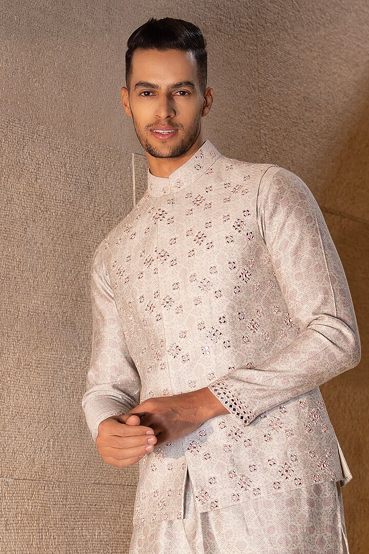Mint Green & Pink Banarasi Silk Digital Printed & Mirror Work Waistcoat Set by AMIT ARORA at Pernia's Pop Up Shop