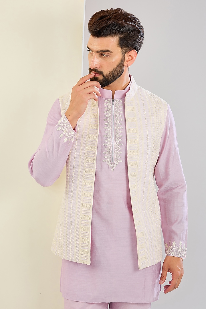 Lilac Crochet Hand Embroidered Waistcoat Set by AMIT ARORA at Pernia's Pop Up Shop