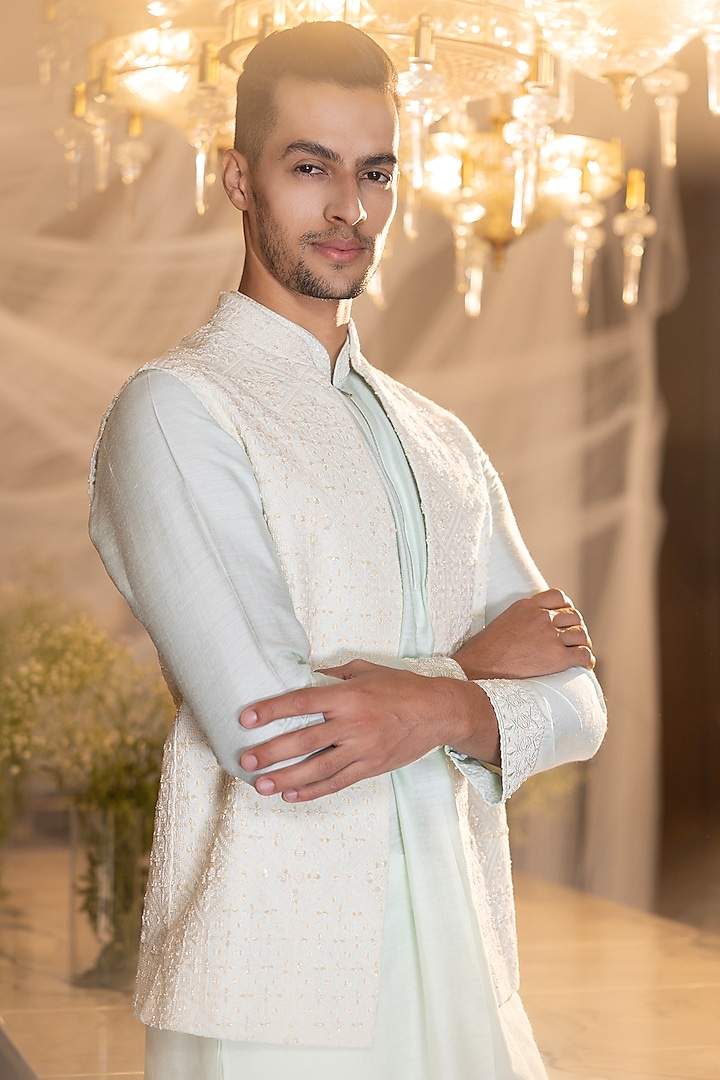 Mint Crochet Hand Embroidered Waistcoat Set by AMIT ARORA at Pernia's Pop Up Shop
