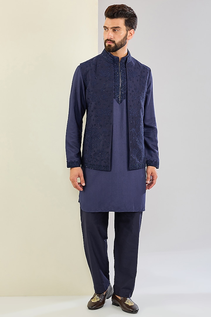 Navy Blue Silk Hand Embroidered Nehru Jacket Set by AMIT ARORA at Pernia's Pop Up Shop