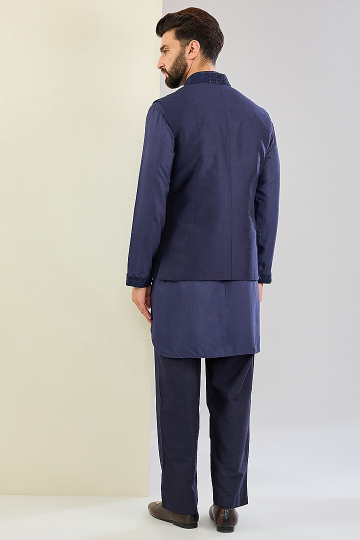 Navy Blue Silk Hand Embroidered Nehru Jacket Set by AMIT ARORA at Pernia's Pop Up Shop