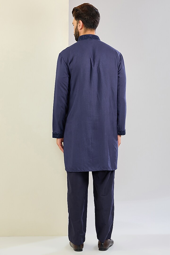 Navy Blue Silk Hand Embroidered Nehru Jacket Set by AMIT ARORA at Pernia's Pop Up Shop