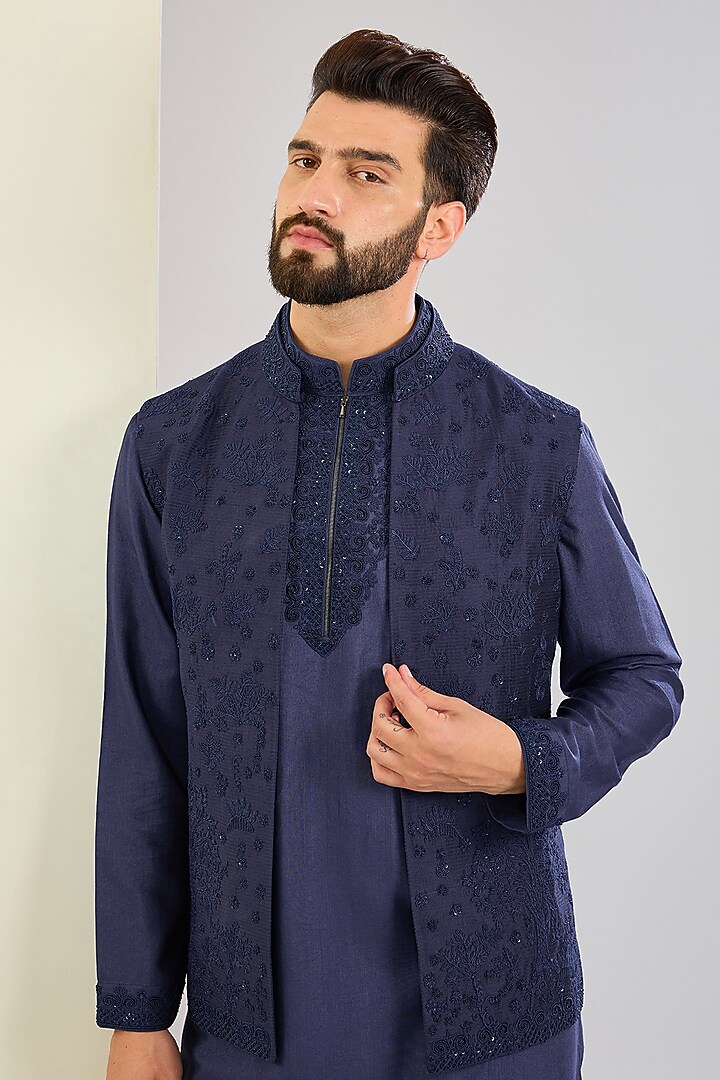 Navy Blue Silk Hand Embroidered Nehru Jacket Set by AMIT ARORA at Pernia's Pop Up Shop