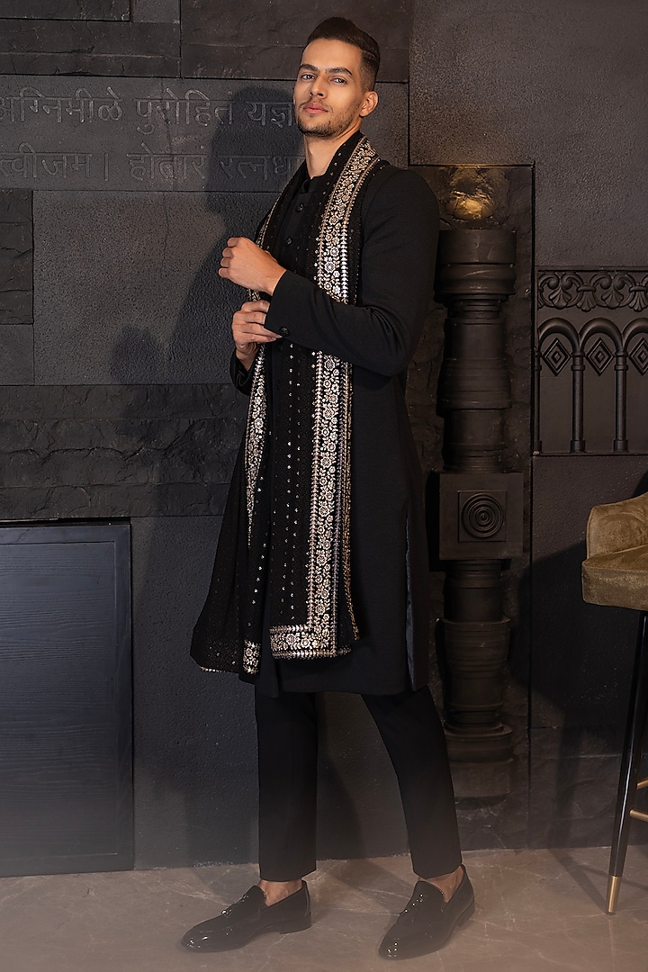 Black Textured Knit Embroidered Wedding Sherwani Set by AMIT ARORA at Pernia's Pop Up Shop