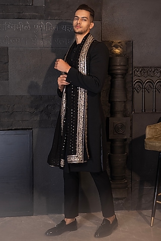 Black Textured Knit Embroidered Sherwani Set by AMIT ARORA