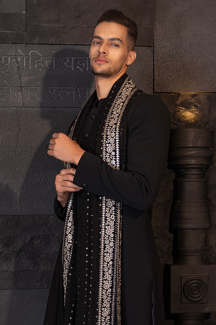 Black Textured Knit Embroidered Wedding Sherwani Set by AMIT ARORA at Pernia's Pop Up Shop