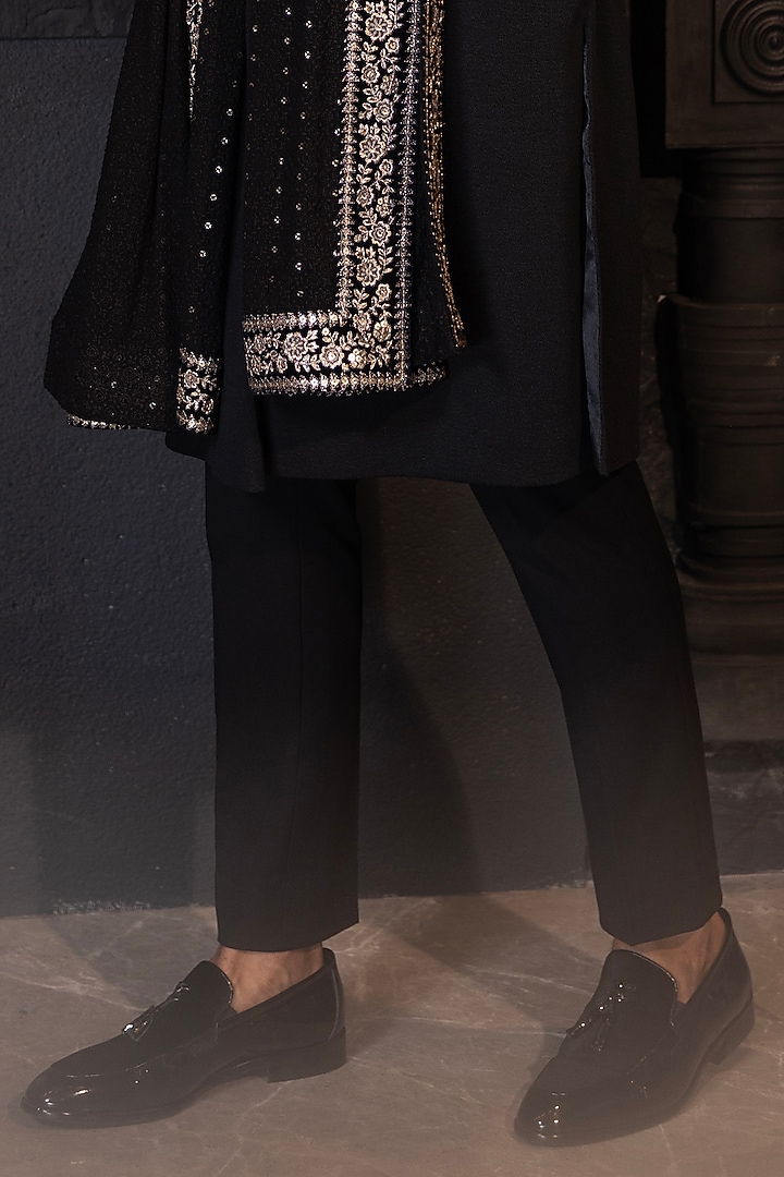 Black Textured Knit Embroidered Wedding Sherwani Set by AMIT ARORA at Pernia's Pop Up Shop
