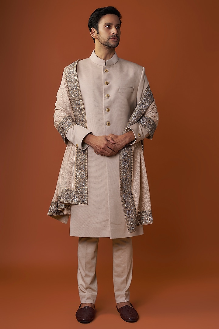 Beige Knit Sherwani Set by AMIT ARORA