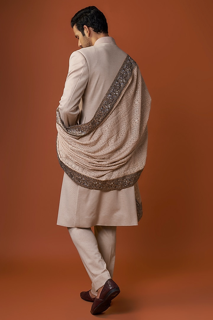 Beige Knit Wedding Sherwani Set by AMIT ARORA at Pernia's Pop Up Shop