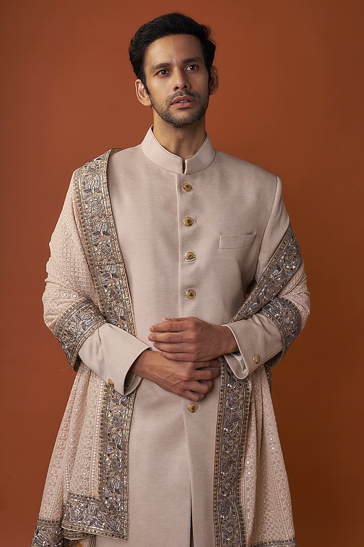 Beige Knit Wedding Sherwani Set by AMIT ARORA at Pernia's Pop Up Shop