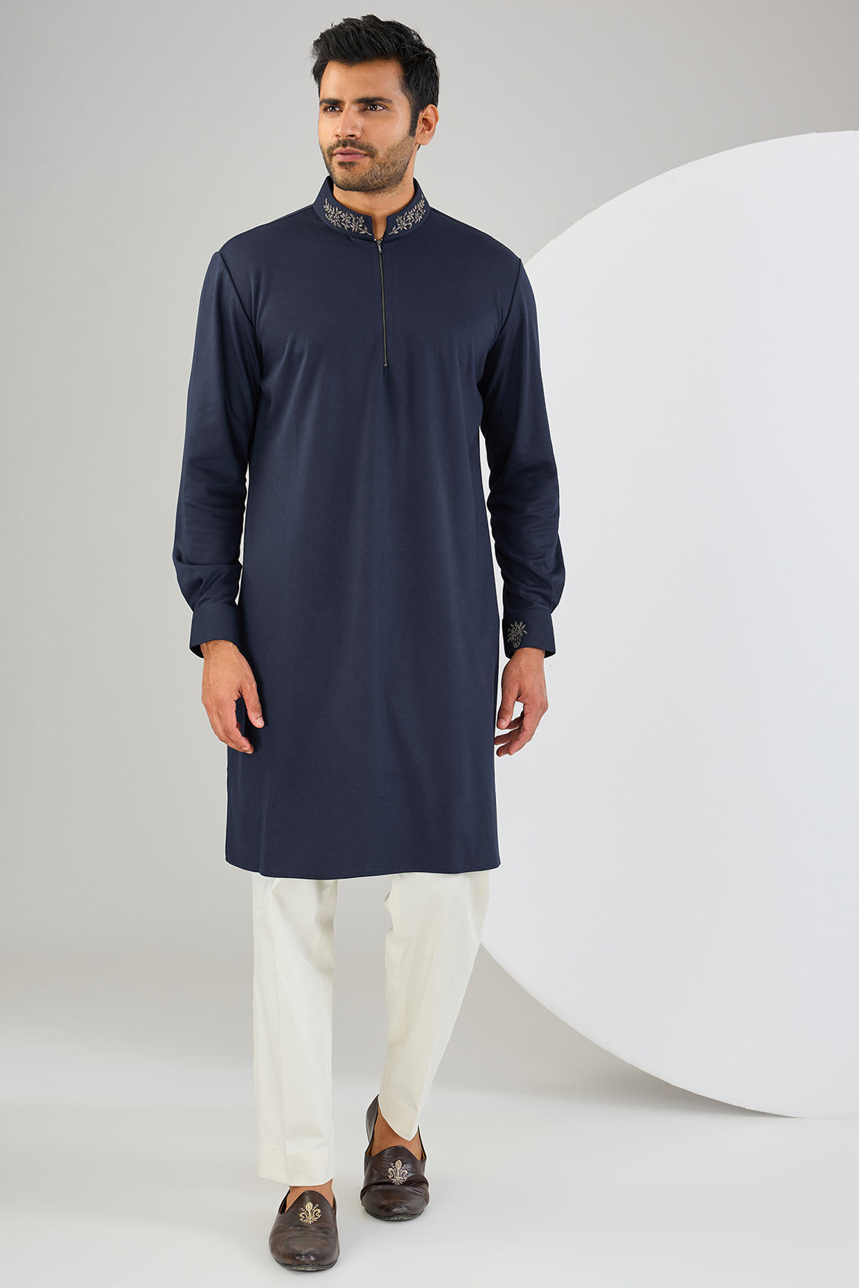 Navy Blue Cotton Knit Metal Hand Embroidered Kurta by AMIT ARORA