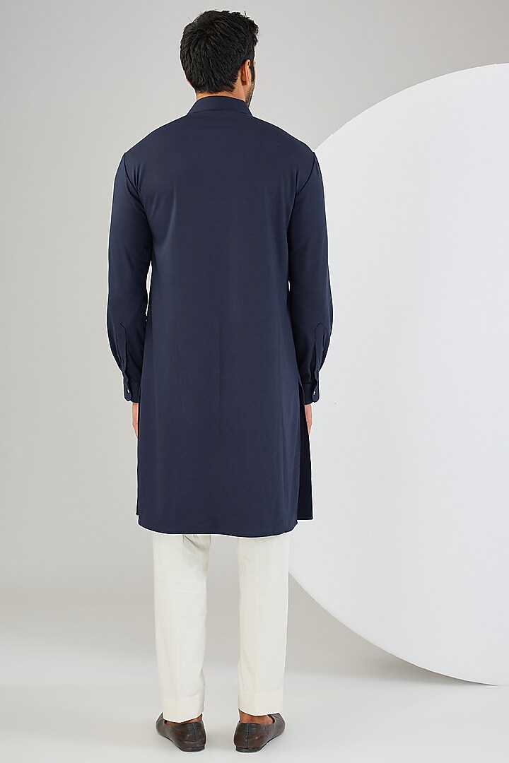 Navy Blue Cotton Knit Metal Hand Embroidered Kurta by AMIT ARORA at Pernia's Pop Up Shop