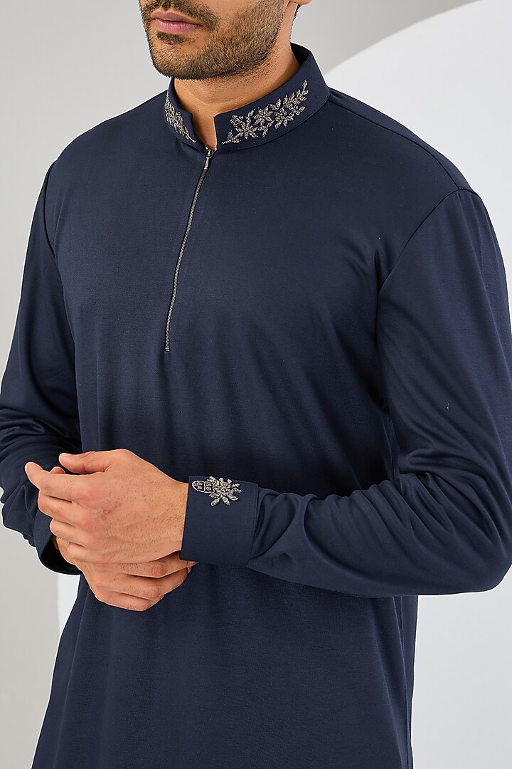 Navy Blue Cotton Knit Metal Hand Embroidered Kurta by AMIT ARORA at Pernia's Pop Up Shop