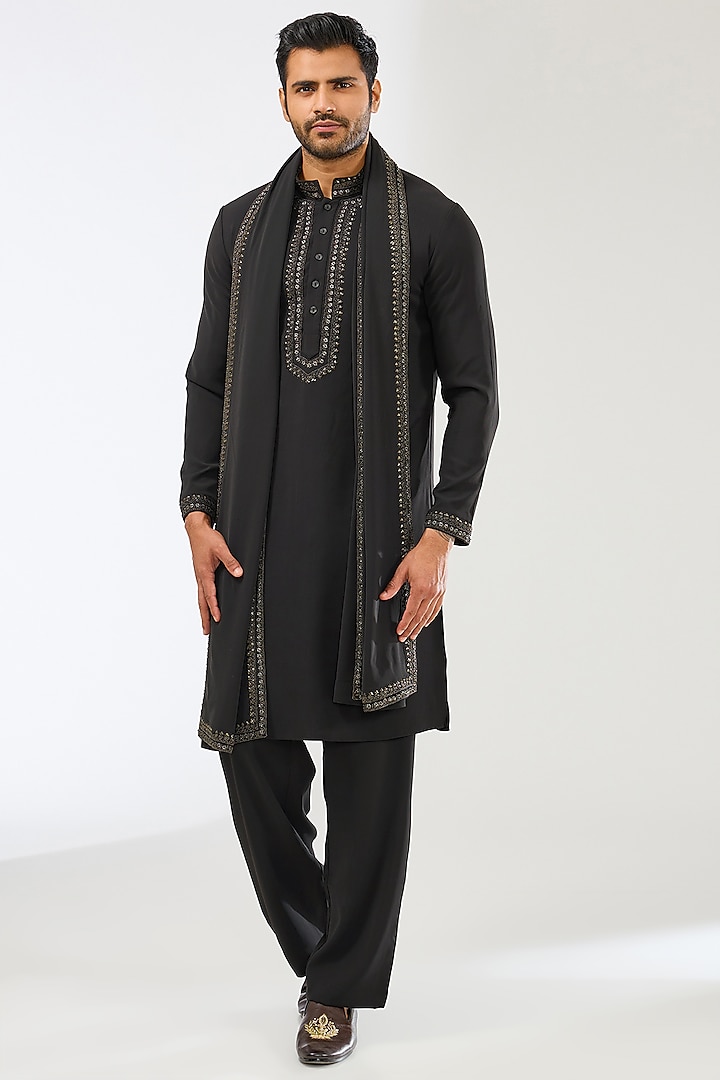 Black Silk Embroidered Kurta Set by AMIT ARORA