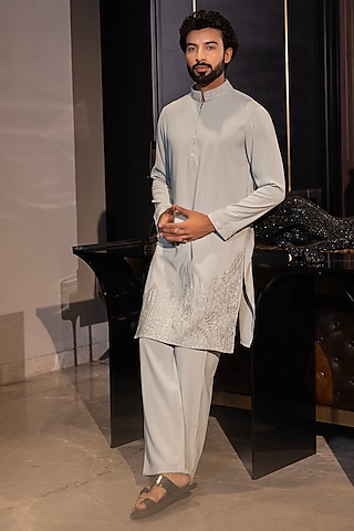 Mint Green Poly Knit Hand Embroidered Kurta Set by AMIT ARORA