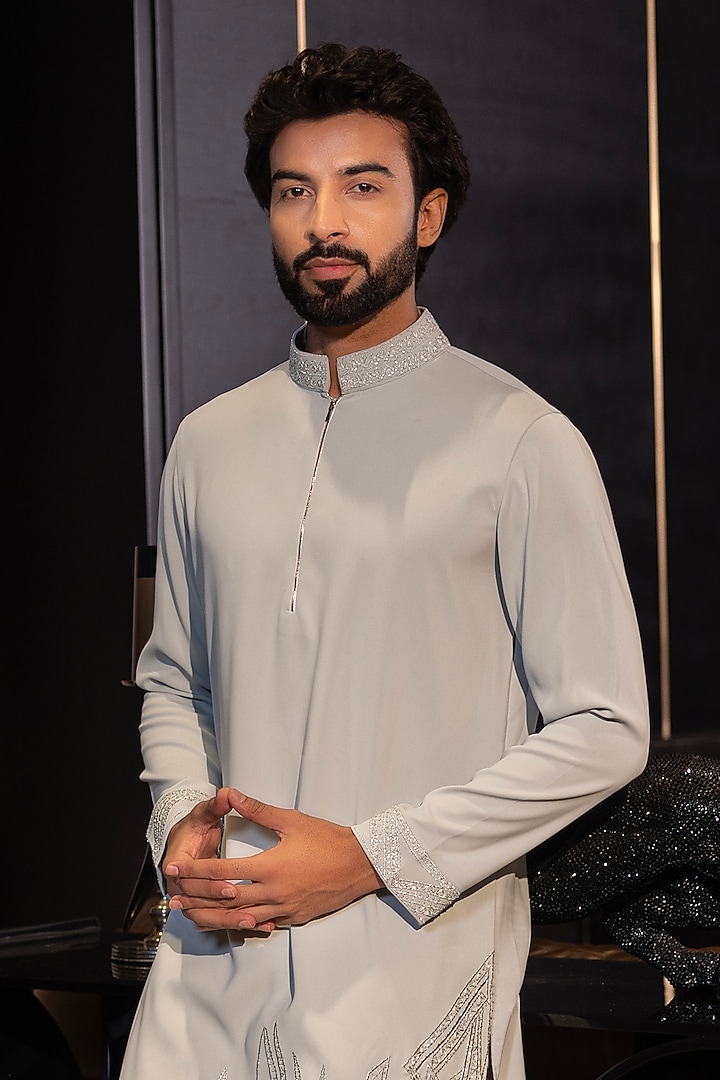 Mint Green Poly Knit Hand Embroidered Kurta Set by AMIT ARORA at Pernia's Pop Up Shop
