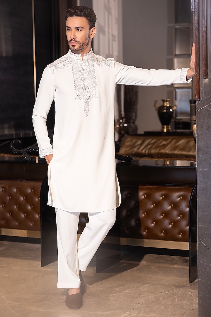 Ivory Poly Knit Hand Embroidered Kurta Set by AMIT ARORA