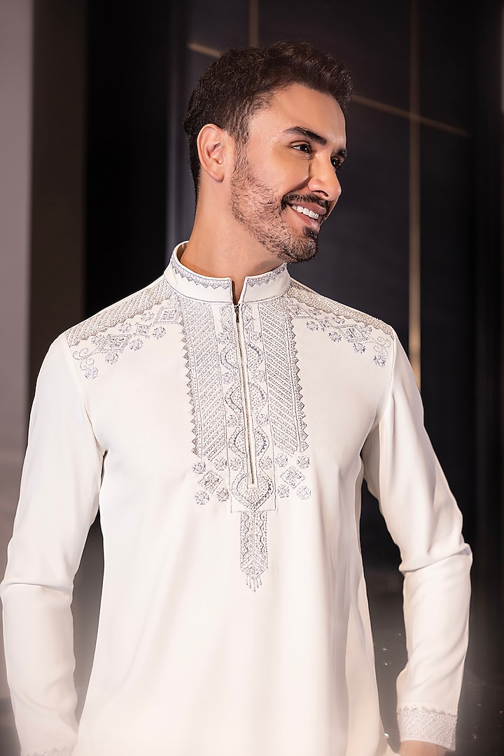 Ivory Poly Knit Hand Embroidered Kurta Set by AMIT ARORA at Pernia's Pop Up Shop