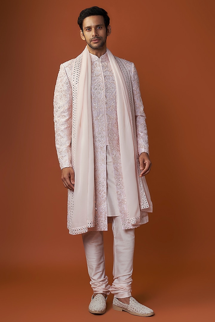 Blush Pink Raw Silk Hand Embroidered Sherwani Set by AMIT ARORA