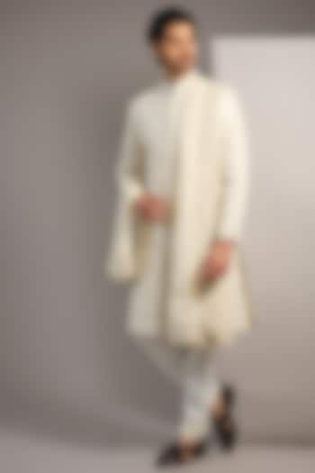 Cream Raw Silk Hand Embroidered Sherwani Set by AMIT ARORA