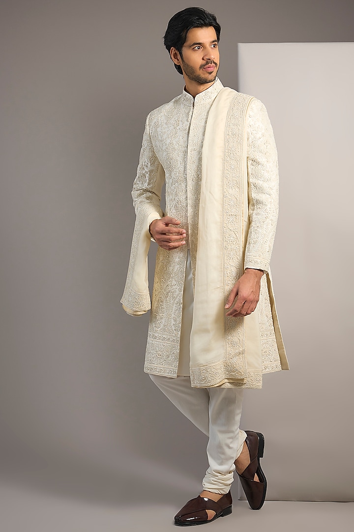 Cream Raw Silk Hand Embroidered Sherwani Set by AMIT ARORA