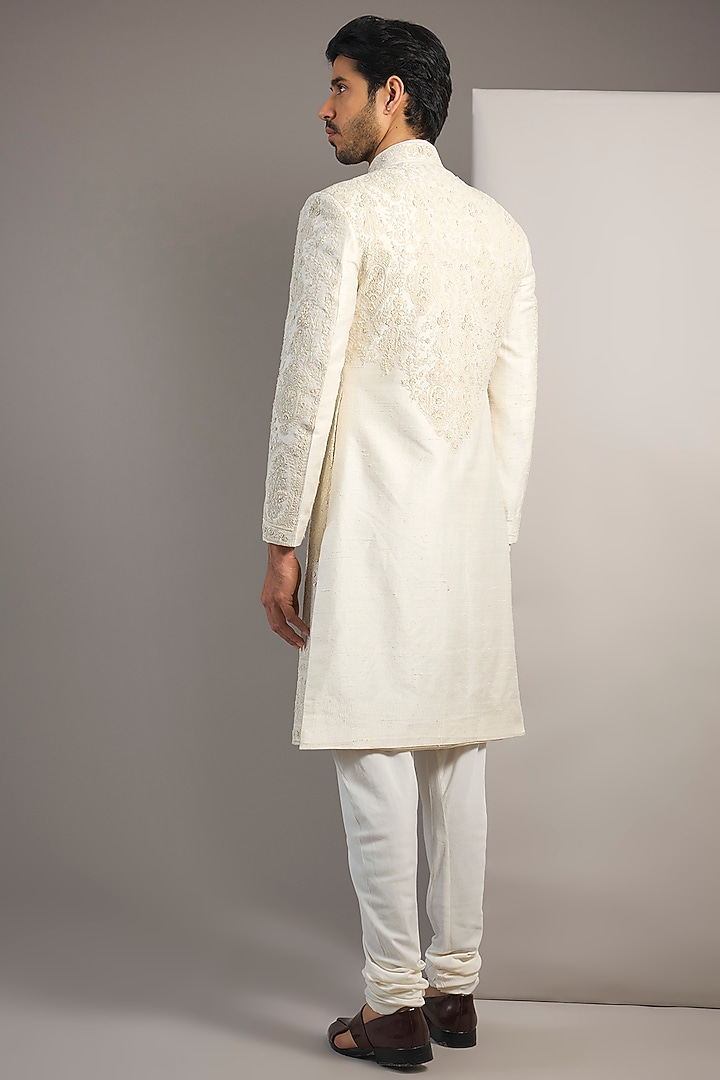 Cream Raw Silk Hand Embroidered Groom Sherwani Set by AMIT ARORA at Pernia's Pop Up Shop