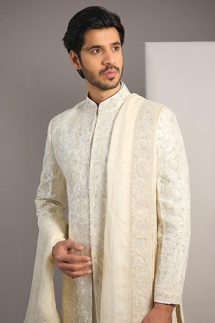 Cream Raw Silk Hand Embroidered Groom Sherwani Set by AMIT ARORA at Pernia's Pop Up Shop