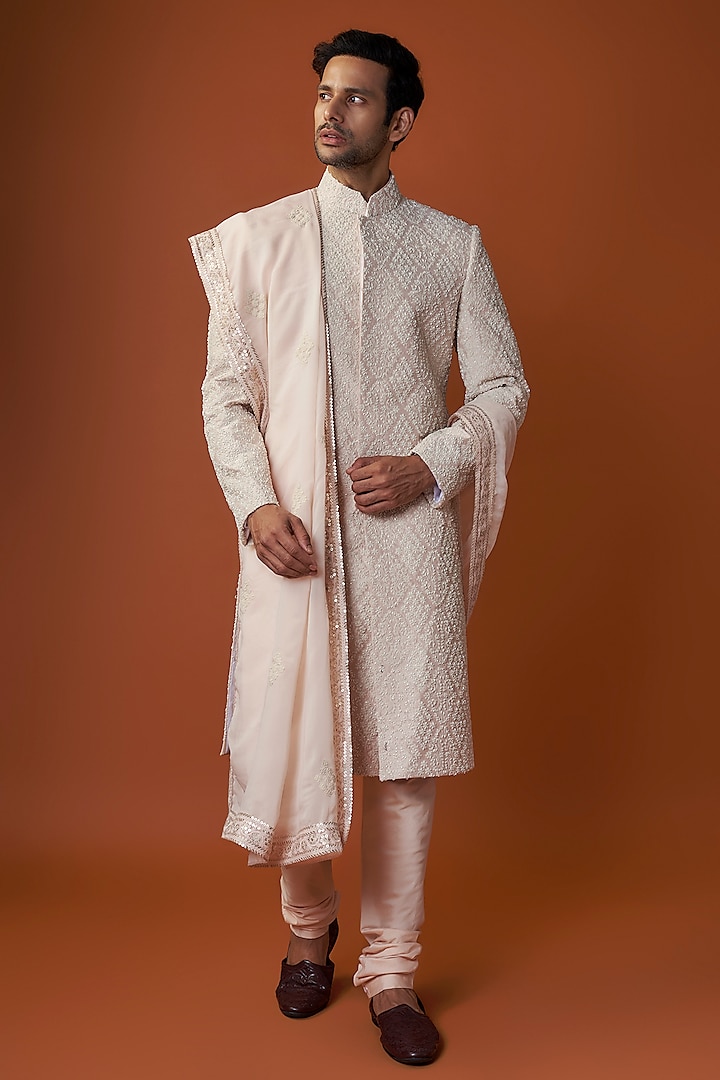 Peach Raw Silk Hand Embroidered Groom Sherwani Set by AMIT ARORA at Pernia's Pop Up Shop