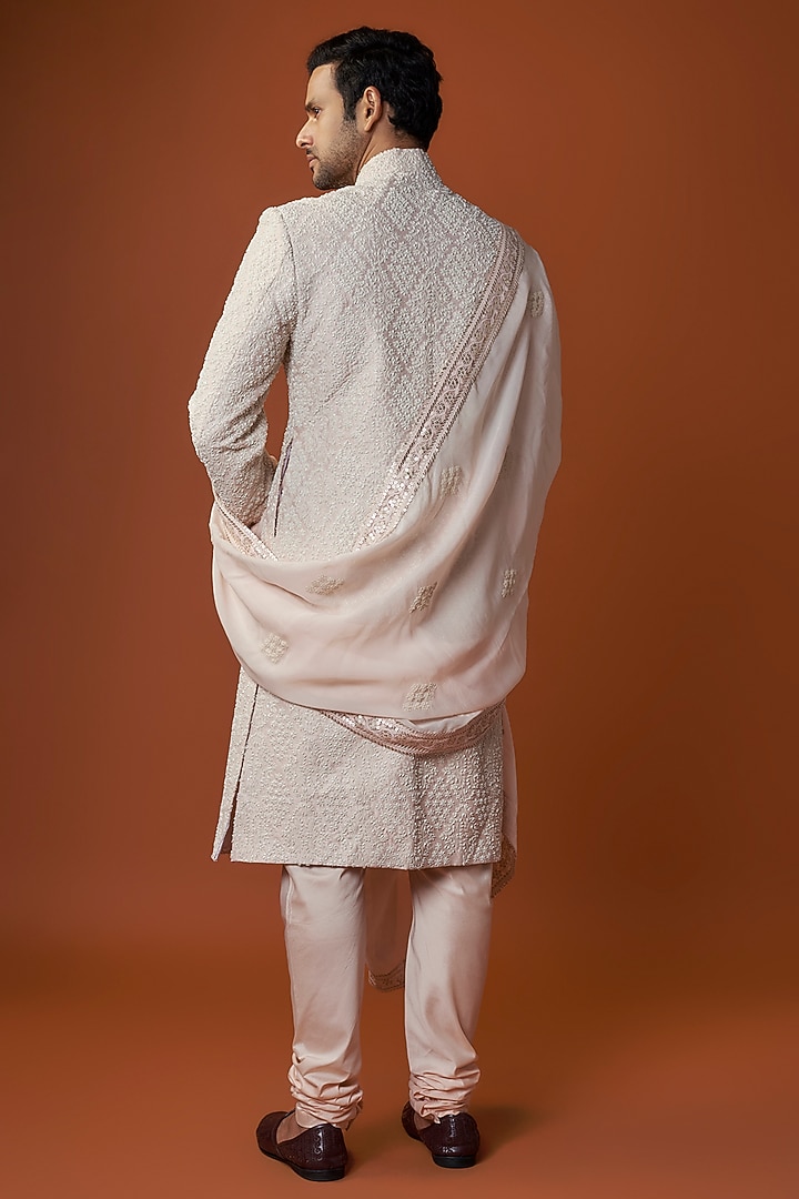 Peach Raw Silk Hand Embroidered Groom Sherwani Set by AMIT ARORA at Pernia's Pop Up Shop