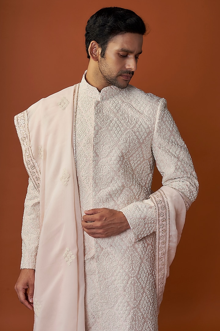 Peach Raw Silk Hand Embroidered Groom Sherwani Set by AMIT ARORA at Pernia's Pop Up Shop