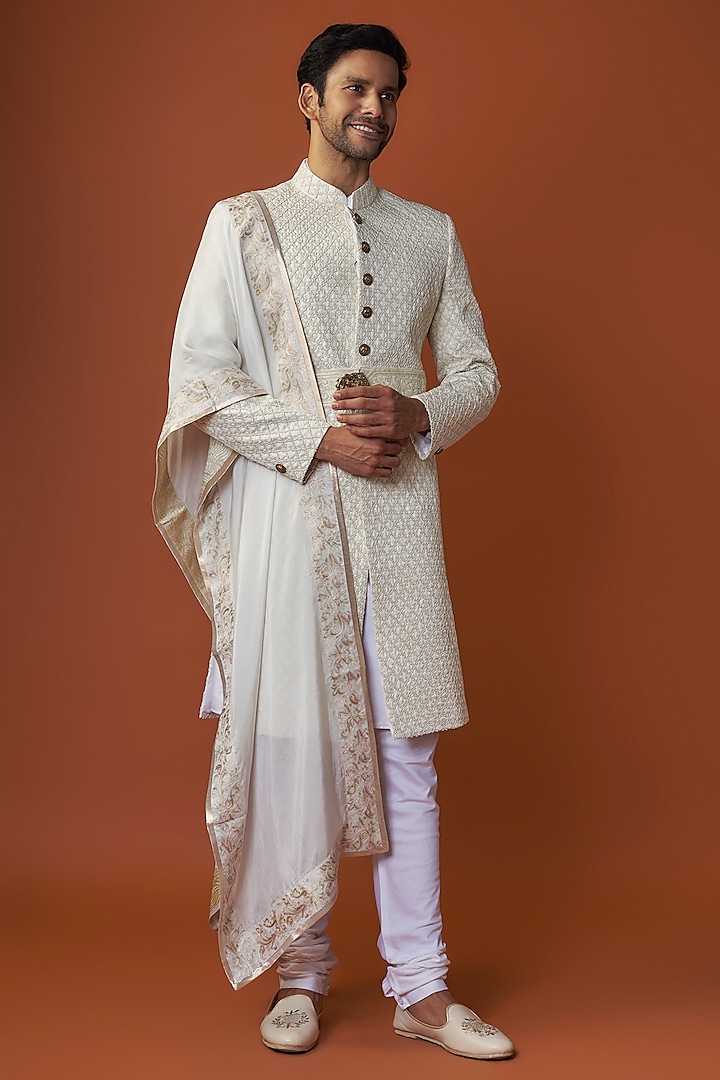 Cream Raw Silk Hand Embroidered Groom Sherwani Set by AMIT ARORA at Pernia's Pop Up Shop