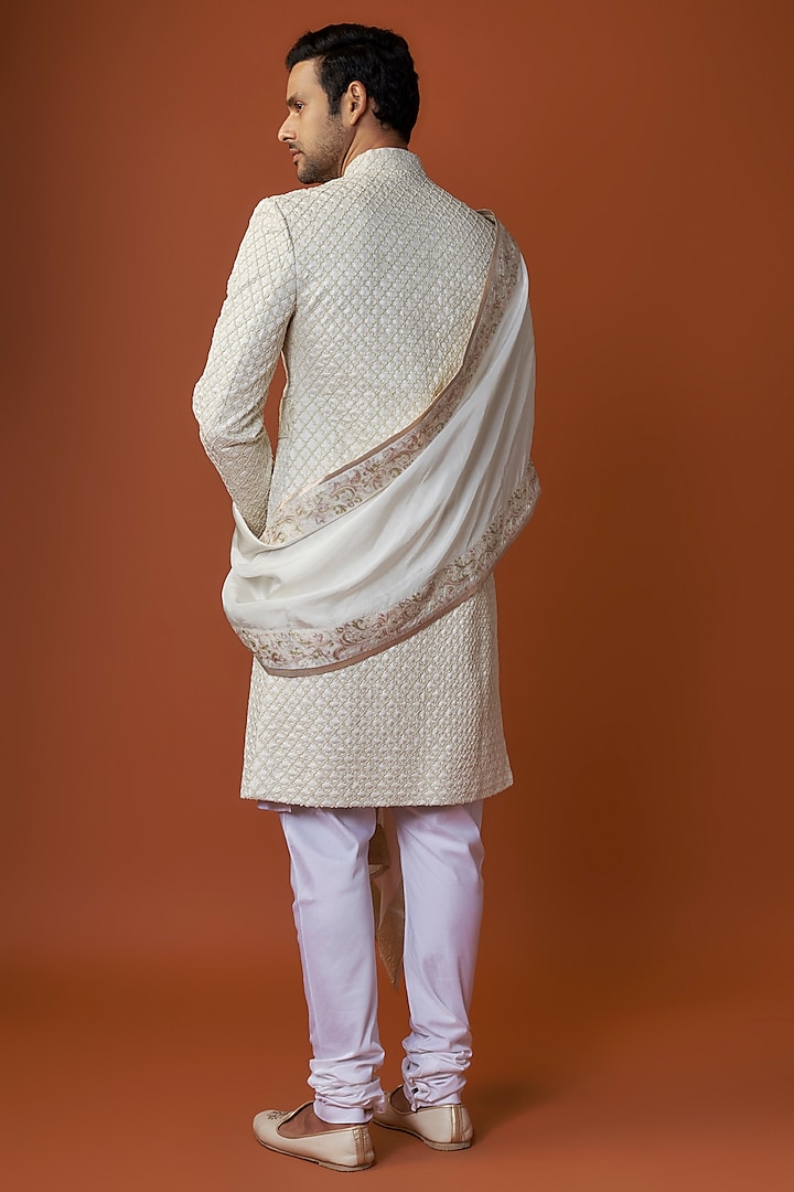 Cream Raw Silk Hand Embroidered Groom Sherwani Set by AMIT ARORA at Pernia's Pop Up Shop