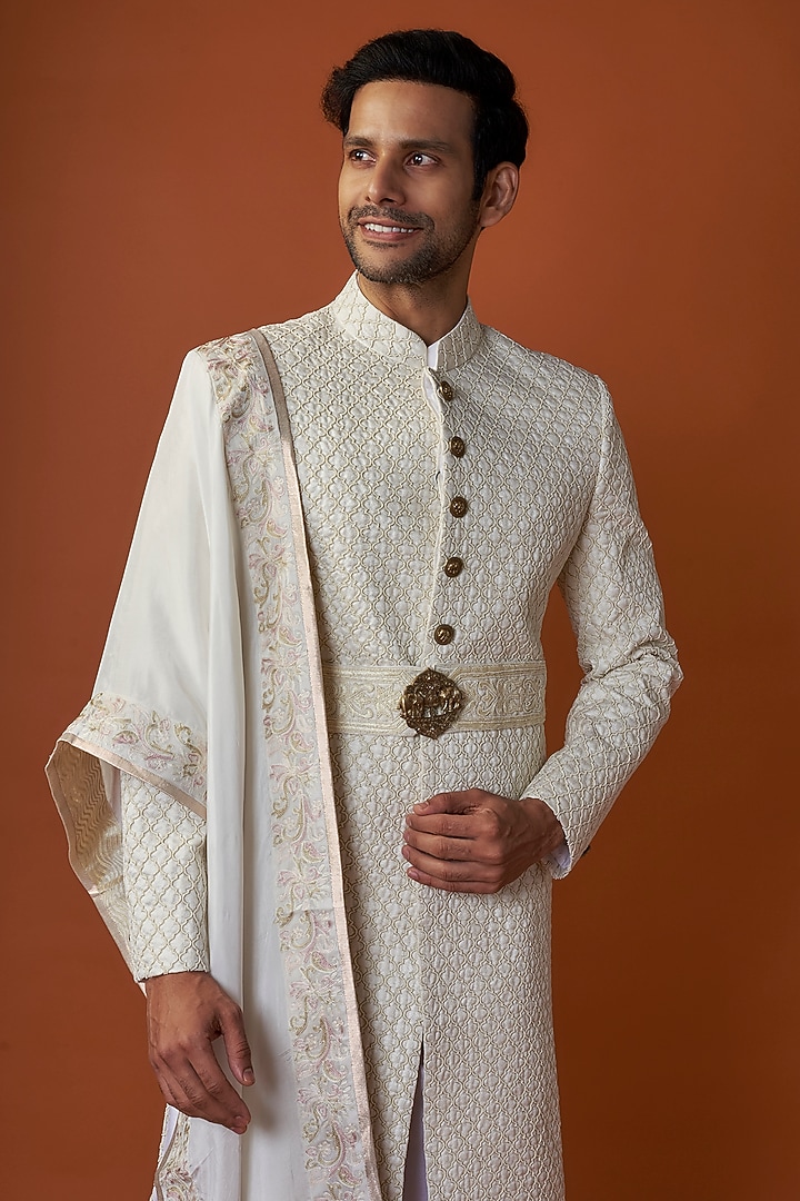 Cream Raw Silk Hand Embroidered Groom Sherwani Set by AMIT ARORA at Pernia's Pop Up Shop