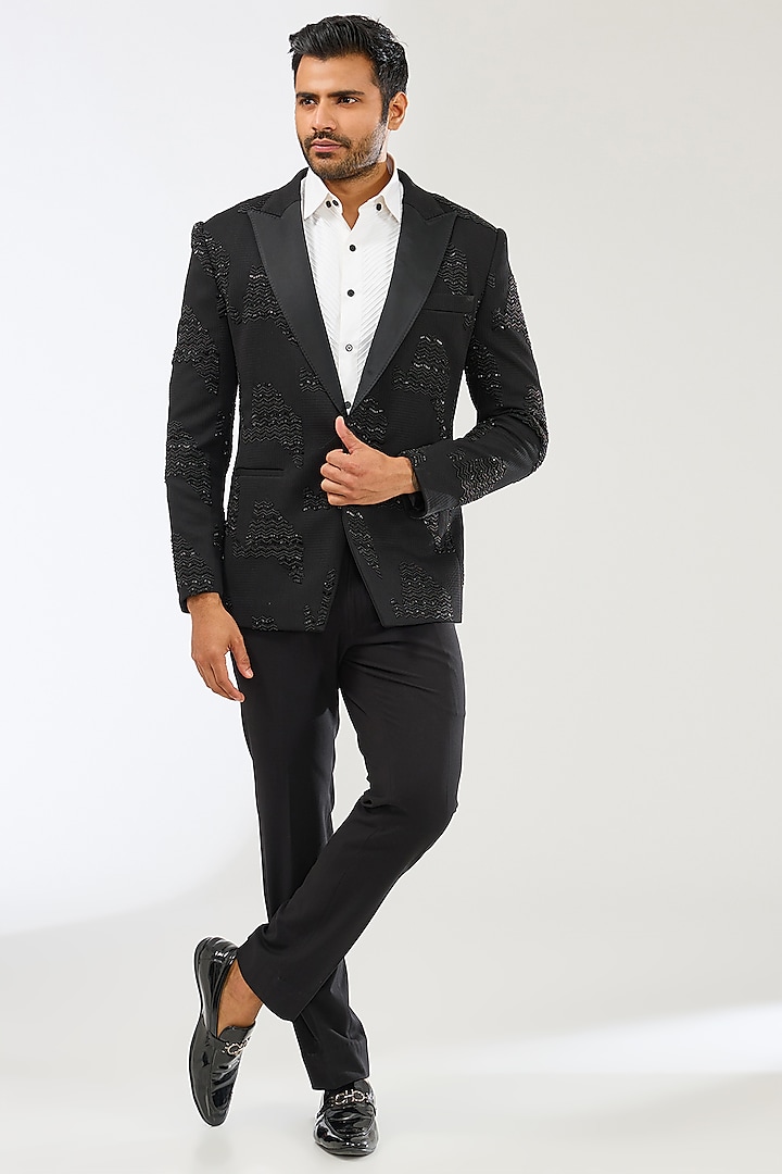 Black Suiting Hand Embroidered Tuxedo Set by AMIT ARORA at Pernia's Pop Up Shop