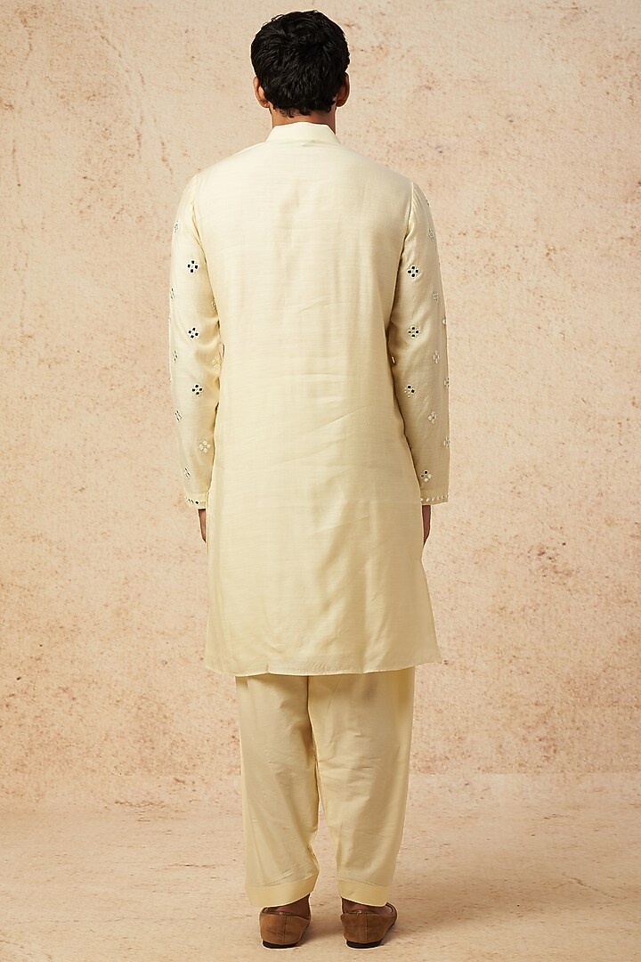 Lemon Yellow Moonga Silk Embroidered Kurta Set by AMIT ARORA at Pernia's Pop Up Shop