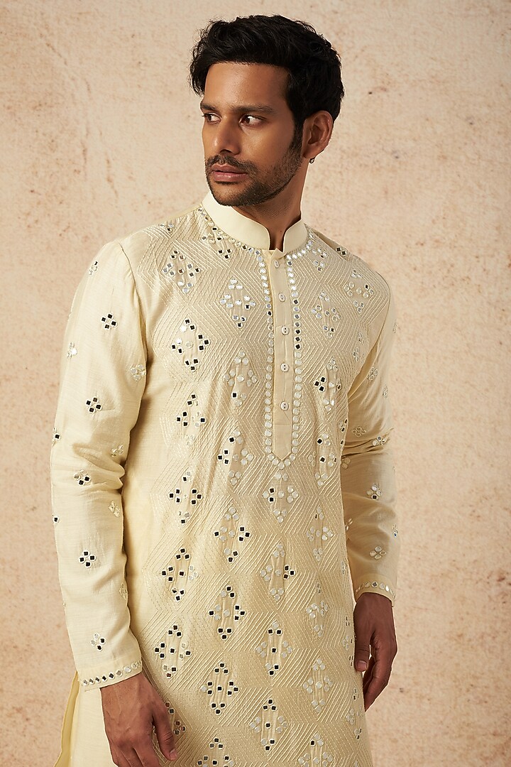Lemon Yellow Moonga Silk Embroidered Kurta Set by AMIT ARORA at Pernia's Pop Up Shop