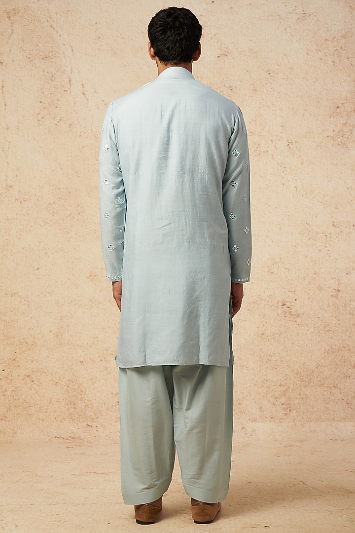 Teal Moonga Silk Mirror Embroidered Kurta Set by AMIT ARORA at Pernia's Pop Up Shop