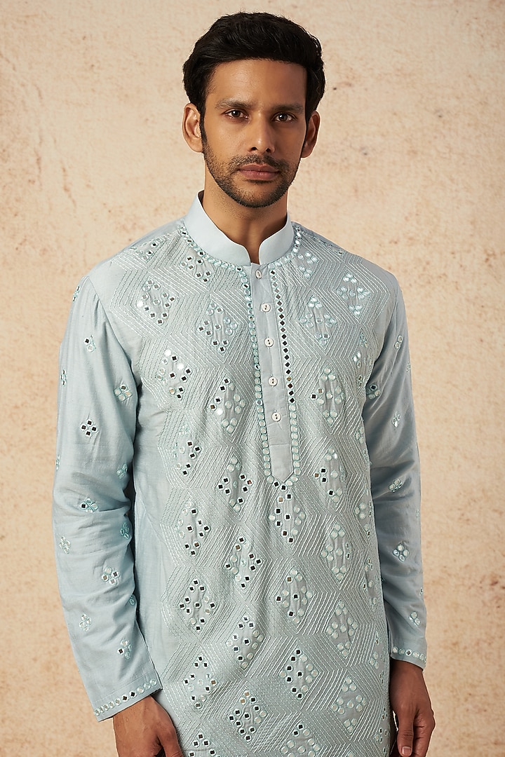 Teal Moonga Silk Mirror Embroidered Kurta Set by AMIT ARORA at Pernia's Pop Up Shop