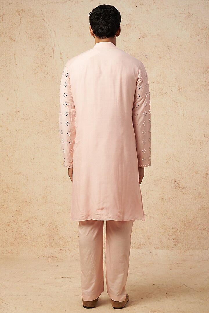 Pastel Pink Moonga Silk Mirror Embroidered Kurta Set by AMIT ARORA at Pernia's Pop Up Shop