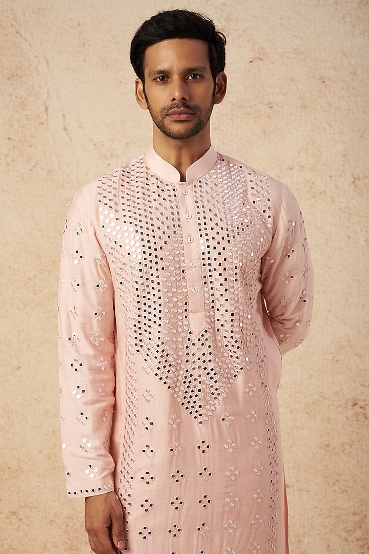 Pastel Pink Moonga Silk Mirror Embroidered Kurta Set by AMIT ARORA at Pernia's Pop Up Shop